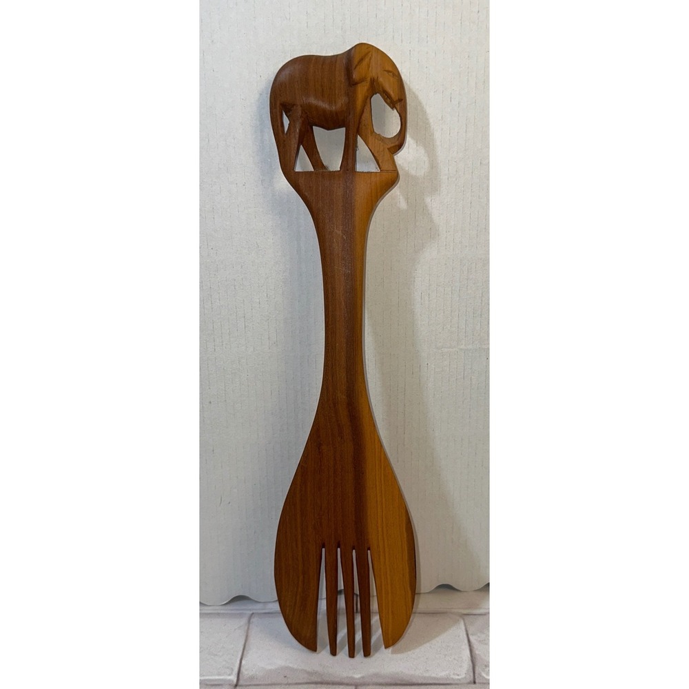 Hand Carved Wooden Elephant Serving Fork Brown African Folk Art Kitchen Decor